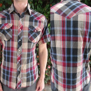 Mannen Vintage Plaid Snap Down Shirt, 70's korte Slv.Shirt.Western