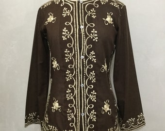 Vintage Embroidered 60’s . 70’s Button Down Brown Bohemian Blouse