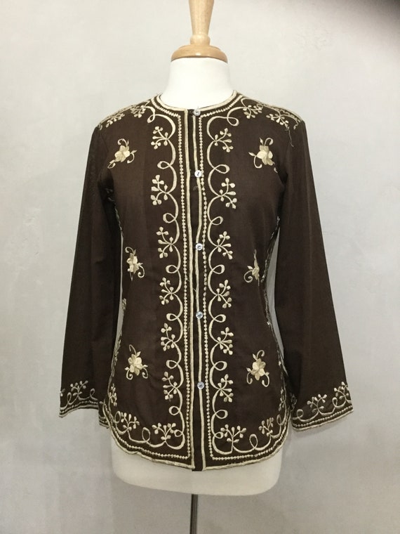 Vintage Embroidered 60’s . 70’s Button Down Brown… - image 1