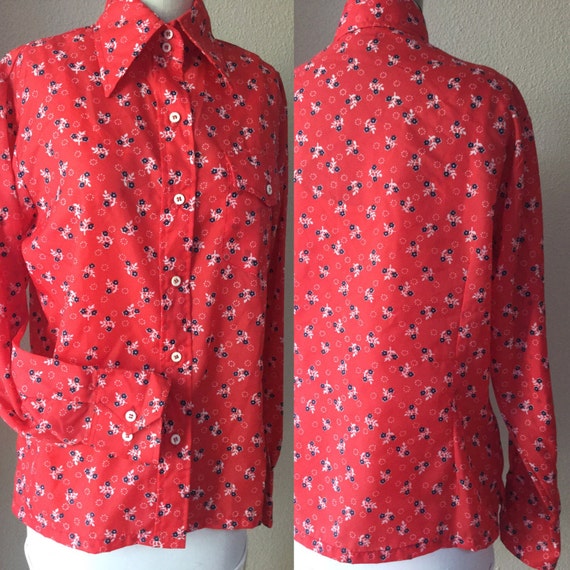 Red Rain Shirt, Vintage 70's floral Nylon Shirt, … - image 1