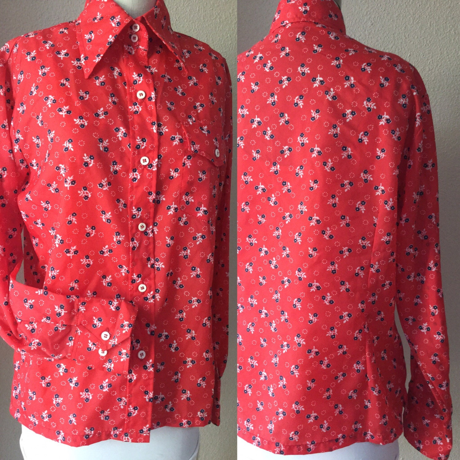 Camisa de lluvia roja, camisa de nailon floral vintage de los años 70, top floral rojo