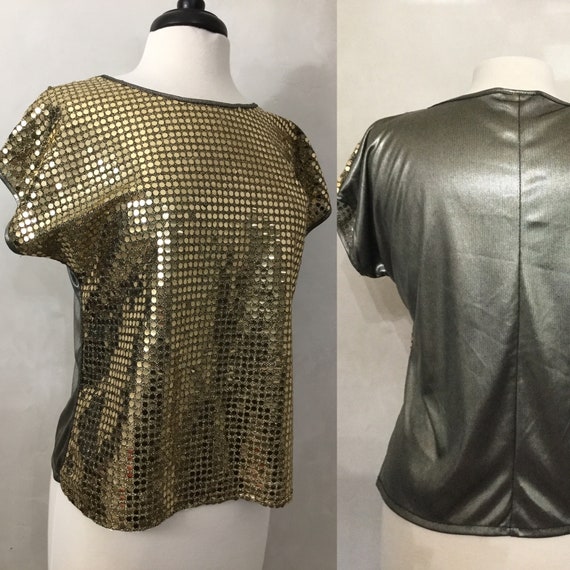 Vintage 80’s Gold Sequin a shirt. Disco Top. 70’s… - image 1