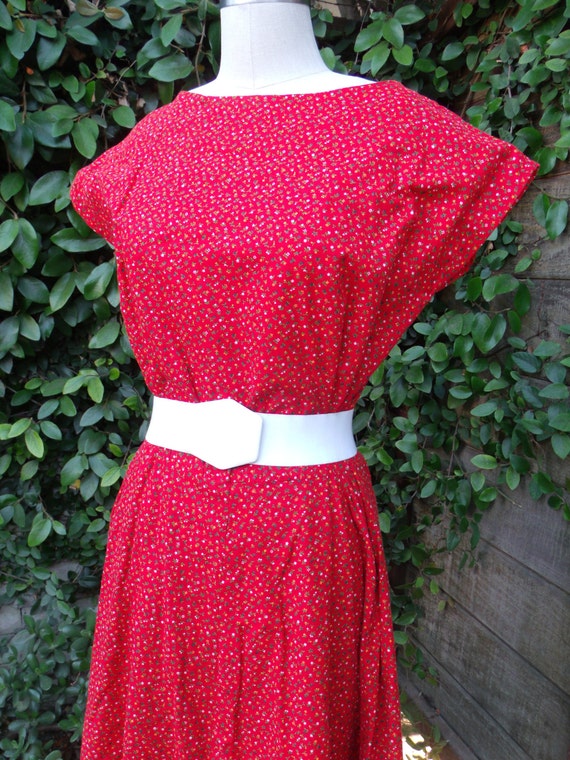 Vintage Red Calico Day Dress. 60's 70's Boho. Coun