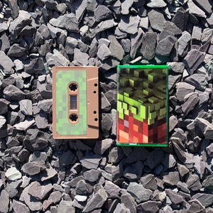 Puede incluir: Dos cintas de cassette con diseños pixelados. Una es de color canela con un patrón de cuadrícula verde y canela. La otra está en una caja verde con un diseño de paisaje pixelado con bloques verdes, rojos y marrones. Las cintas están sobre un lecho de rocas grises.