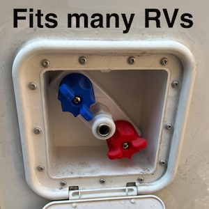 May include: A white plastic RV water hookup with a blue and red valve. The text "Fits many RVs" is above the hookup.
