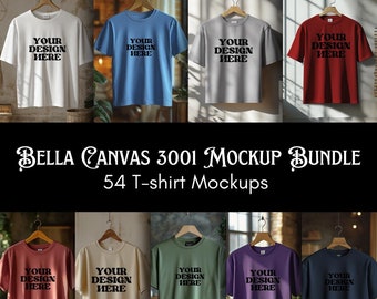 May include: A mockup bundle of 54 Bella Canvas 3001 t-shirts in various colors, including white, blue, gray, red, maroon, beige, green, purple, and navy. Each t-shirt has the text "YOUR DESIGN HERE" printed on the front.