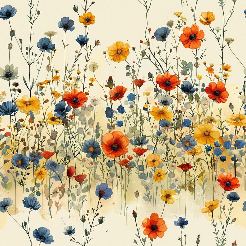 Wildflowers Watercolour Flowers Digital Pattern Paper for Crafting and ...