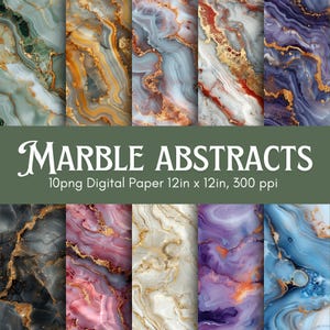 May include: Ten digital papers showcasing marble abstract designs. The papers display a range of colours, including green, orange, blue, purple, and gold, with detailed veining patterns. The text "Marble Abstracts" and paper specifications are visible.