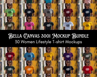 Lot de maquettes de t-shirts Bella Canvas 3001, 3001 lot de t-shirts, 30 maquettes de t-shirts pour femmes de différentes couleurs, images de style de vie de t-shirts pour femmes