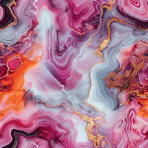 May include: Abstract art print featuring swirling pink, orange, and white marble with gold accents.