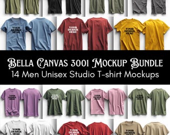Lot de 14 maquettes de t-shirt en toile Bella 3001, maquettes en toile Bella 3001, 14 t-shirts unisexes pour hommes, maquette de t-shirts plats 3001 en toile Bella