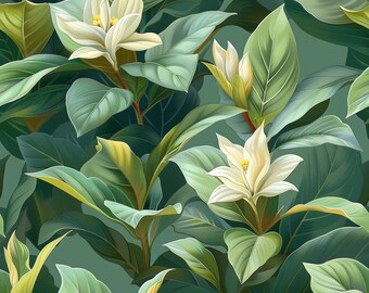 Papier à motif numérique aquarelle feuilles de la jungle et fleurs blanches pour projets de création et de conception. 12 po x 12 po 300 ppp