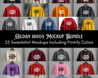 Ensemble de maquettes Gildan 18000, maquette de 25 sweat-shirts unisexes pour hommes, sweat-shirt suspendu, images de style de vie en studio + tableau des tailles gratuit