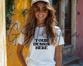 Maquette de t-shirt femme Bella Canvas 3001, maquette de t-shirt 3001, t-shirt blanc pour femme, image lifestyle, maquette extérieure