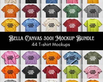 Lot de maquettes de t-shirt 3001 en toile Bella, maquettes en toile Bella 3001, 44 t-shirts unisexes pour hommes, maquette de t-shirts plats 3001 en toile Bella