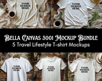 Lot de 3001 maquettes en toile Bella, lot de 3001 t-shirts, 5 t-shirts unisexes pour hommes, images lifestyle sur le thème du voyage