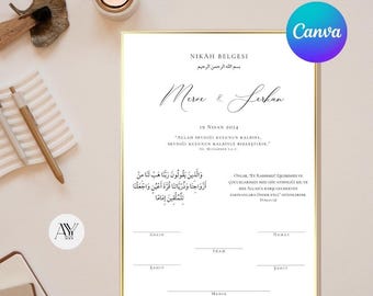 May include: A white wedding certificate with gold trim, featuring the names "Merve & Serkan" and the date "19 Nisan 2014". The certificate includes a quote in Turkish and Arabic script, and spaces for the bride, groom, witnesses, imam, and officiant to sign.