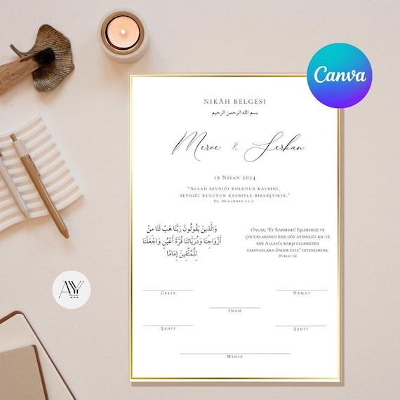 Nikah Zertifikat - Dini Nikah Belgesi - Nikah akdi - Personalisierbar - Minimalistisch - A4 - Canva Template - Digitaler Download