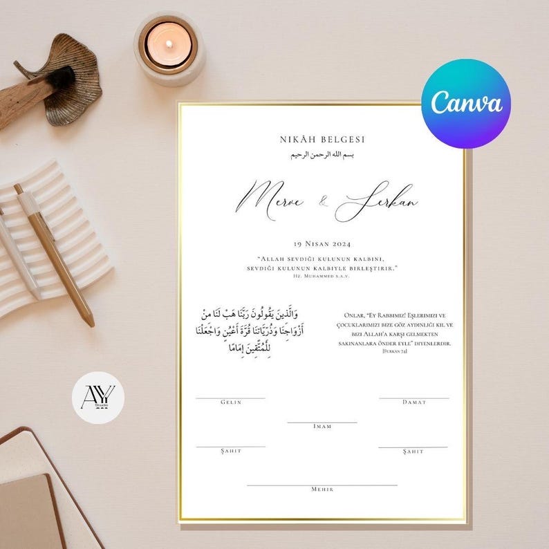 May include: A white wedding certificate with gold trim, featuring the names "Merve & Serkan" and the date "19 Nisan 2014". The certificate includes a quote in Turkish and Arabic script, and spaces for the bride, groom, witnesses, imam, and officiant to sign.