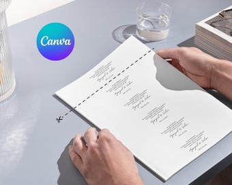 May include: A person holding a white paper with black text and a dotted line, with the Canva logo in the upper left corner. A glass of water and a stack of papers are also visible on the gray surface.