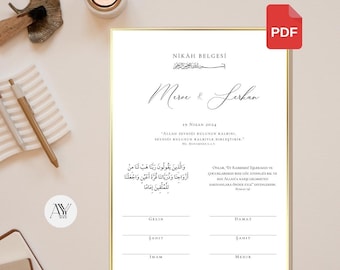 May include: A white wedding certificate with gold accents. The certificate is for a wedding between Mere and Lerkan. The date of the wedding is 19 Nisan 2024. The certificate includes a quote from the Quran in Arabic script.