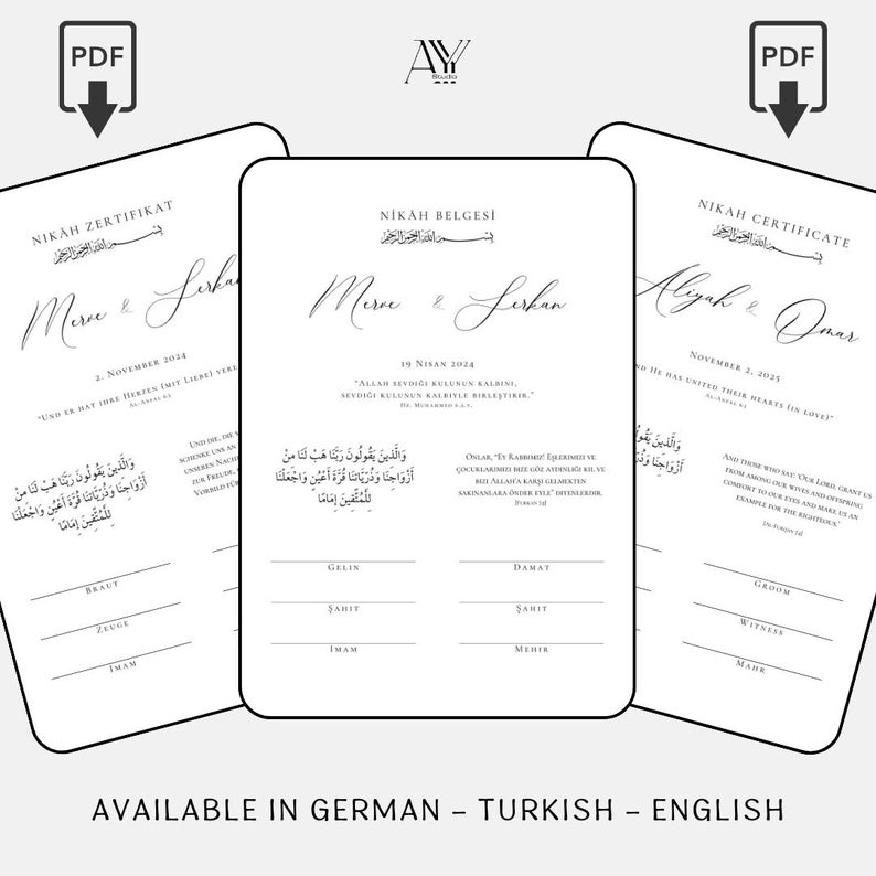 Może przedstawiać: Trzy drukowane certyfikaty nikah w czerni i bieli z kaligrafią arabską. Certyfikaty są przeznaczone na ceremonię ślubną i zawierają imiona pary, datę ceremonii oraz tekst "Allah seyyid-i kulli kalbin, seyyid-i kulhunun malikiye bireclestirir." Certyfikaty są dostępne w języku niemieckim, tureckim i angielskim.