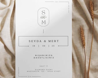 May include: A white wedding invitation with black text. The invitation reads "SEVDA & MERT" with the date "18 | 09 | 25". The invitation also includes the text "NIŞANIMIZA DAVETLİSİNİZ" and "SAAT 17" with the location "DIAMAND EVENT MUSTERSTR. 123 - 12345 STADT".