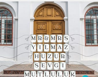 May include: White paper squares with black text spelling out "MR & MRS YILMAZ HUZUR SEVGI MUTLULUK" with green floral accents. The squares are strung together with string and scissors.