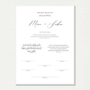 May include: A white wedding certificate with the text "Nikah Belgesi" in black. The certificate is for a wedding between Merve and Lerken on April 19, 2024. It includes a quote from the Prophet Muhammad (PBUH) and a verse from the Quran.
