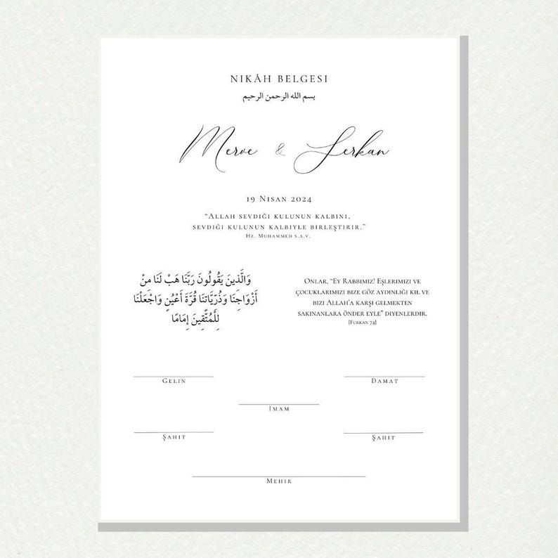 May include: A white wedding certificate with the text "Nikah Belgesi" in black. The certificate is for a wedding between Merve and Lerken on April 19, 2024. It includes a quote from the Prophet Muhammad (PBUH) and a verse from the Quran.