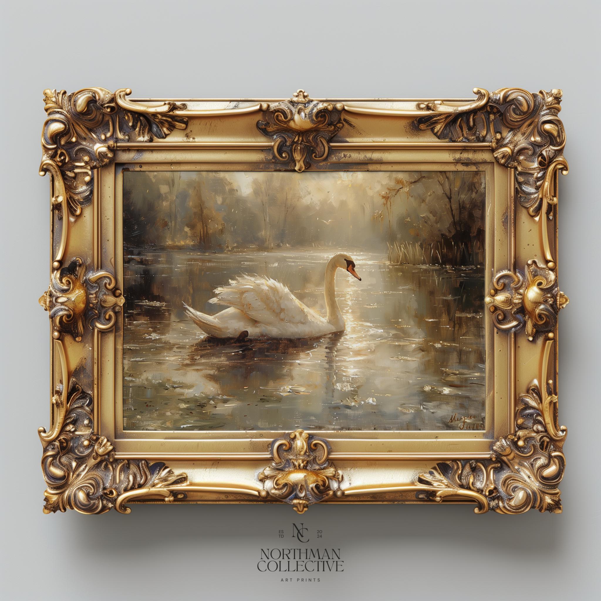 Moody Swan Painting Print, Vintage Oil Painting Wall Art, Neutral ...