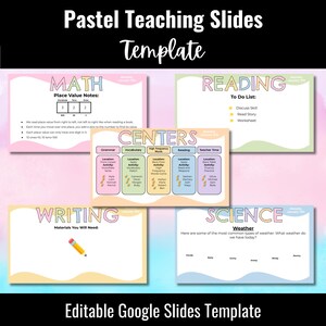 以下が含まれることがあります： パステルカラーのGoogleスライドテンプレートのコレクション。数学、読書、ライティング、科学、教室センターをカバーしています。各スライドには、テキストやグラフィック（鉛筆アイコンなど）を使用したユニークなデザインが施されています。