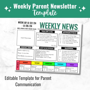 May include: A colorful printable template for a weekly parent newsletter. The template includes sections for upcoming events, reminders, contact information, what we're learning, and a daily schedule. The template is editable and includes the text "Weekly Parent Newsletter Template".