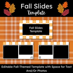 Puede incluir: Plantilla de diapositivas de otoño editable con espacio para texto y/o fotos. La plantilla presenta un fondo a cuadros blanco y naranja con un título que dice "Plantilla de diapositivas de otoño". Hay dos diseños de diapositivas con marcadores de posición rectangulares negros para fotos o texto.