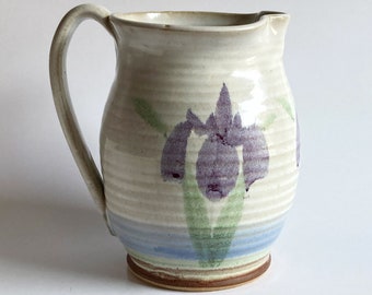 Vintage large handmade pottery iris vase pitcher servingware home decor floral purple ceramic tableware boho