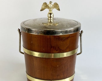 Vintage retro mcm ice bucket wood wooden barrel & brass metal mid century modern decor barware kitchenware