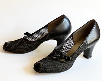 Vintage 50’s black patent leather and mesh net peep toe heels size women’s 8 retro open toe high heels