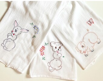 Vintage hand embroidered dish towels baby animals pig bear rabbit bunny embroidery kitschy towel retro