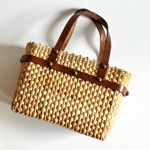Vintage woven straw bag purse tote leather brass bags summer beach retro storage