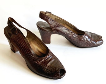 Vintage 40’s I. Miller peep toe heels brown alligator high heel pumps retro 50’s