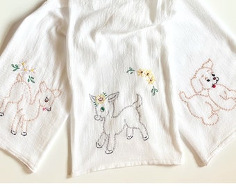Vintage mcm hand embroidered baby animals & flowers kitchen towels dish tea towel kitschy cute deer dog donkey