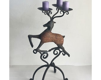 Vintage 90’s rustic wrought iron and wood reindeer candelabra candle holder home decor Christmas holiday leaping deer