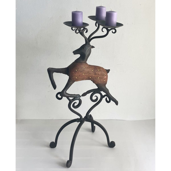 Vintage 90’s rustic wrought iron and wood reindeer candelabra candle holder home decor Christmas holiday leaping deer