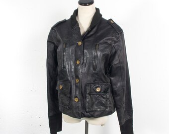 VTG 90's size Medium / Large Black Leather Motorcycle Jacket Bomber Button Up Rocker Punk Classic