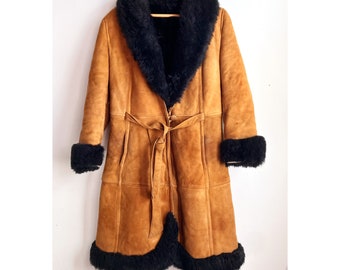 70’s nubuck leather/ sheepskin & fur trimmed penny lane coat / jacket Retro princess shearling