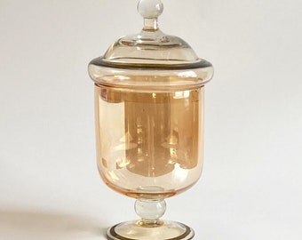 Vintage peachy orange lusterware apothecary jar pedestal container home bedroom decor boho iridescent storage glassware