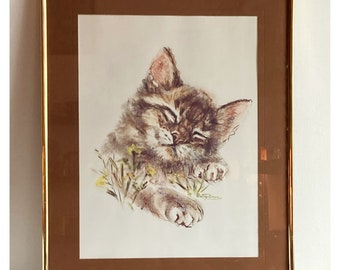 Vintage framed kitten print wall art decor cat kitschy cute frame sleepy kitty cat lover