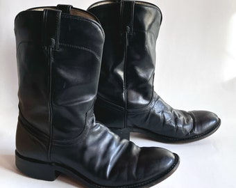 Vintage 80’s black leather roper boots / calf high  / cowboy riding engineer pull on shoes Laredo  men’s size 8.5 classic