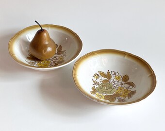 Vintage MCM mustard yellow & green floral pattern Mikasa ‘Terra Stone’ tableware set of two salad bowls in ‘Chatham’ retro