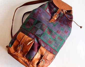 Vintage tapestry fabric & leather adjustable backpack / tote / travel bag bags overnight boho backpacks convertible